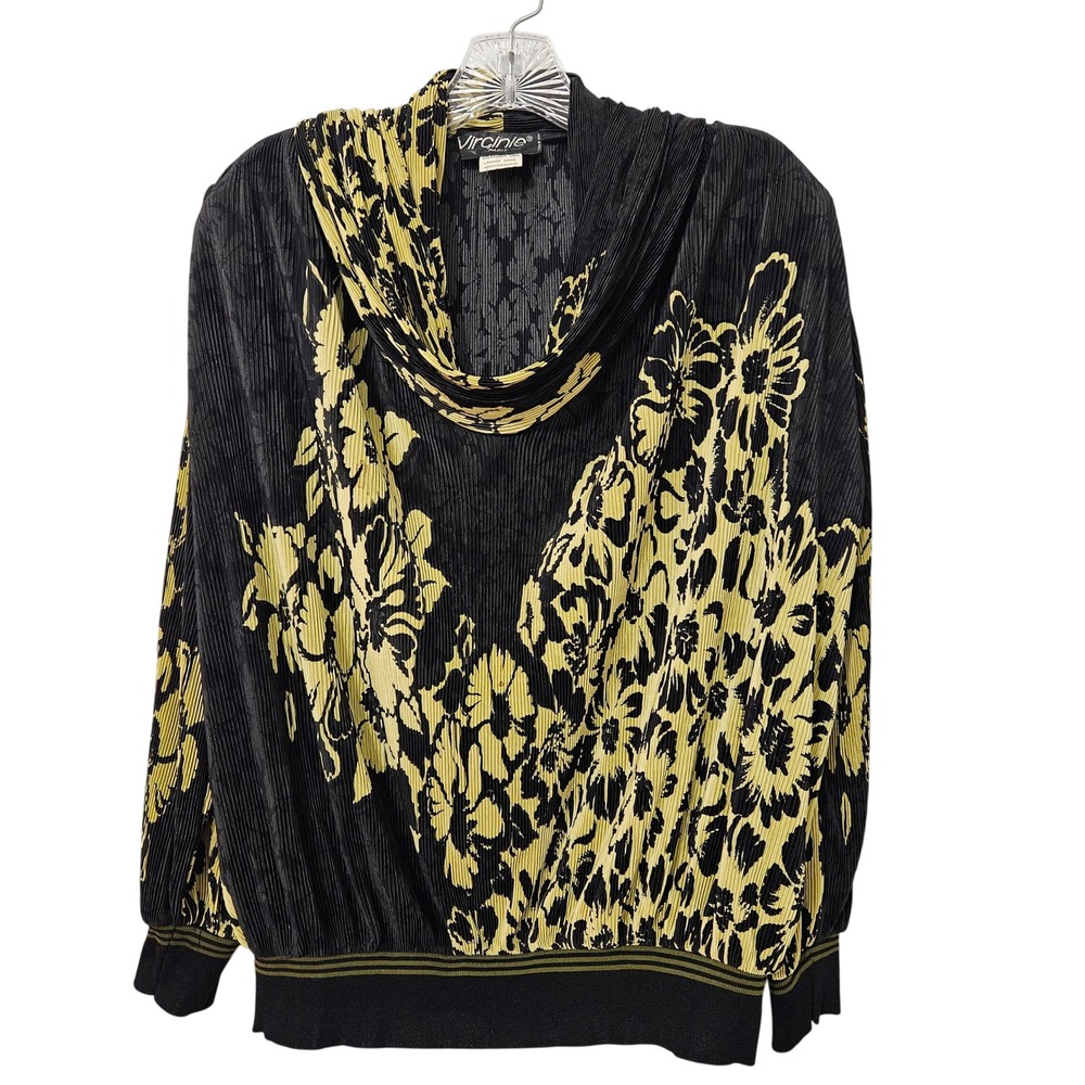 Virginie Paris Vintage Black Yellow Floral Plisse Cowl Neck Top Large Artsy